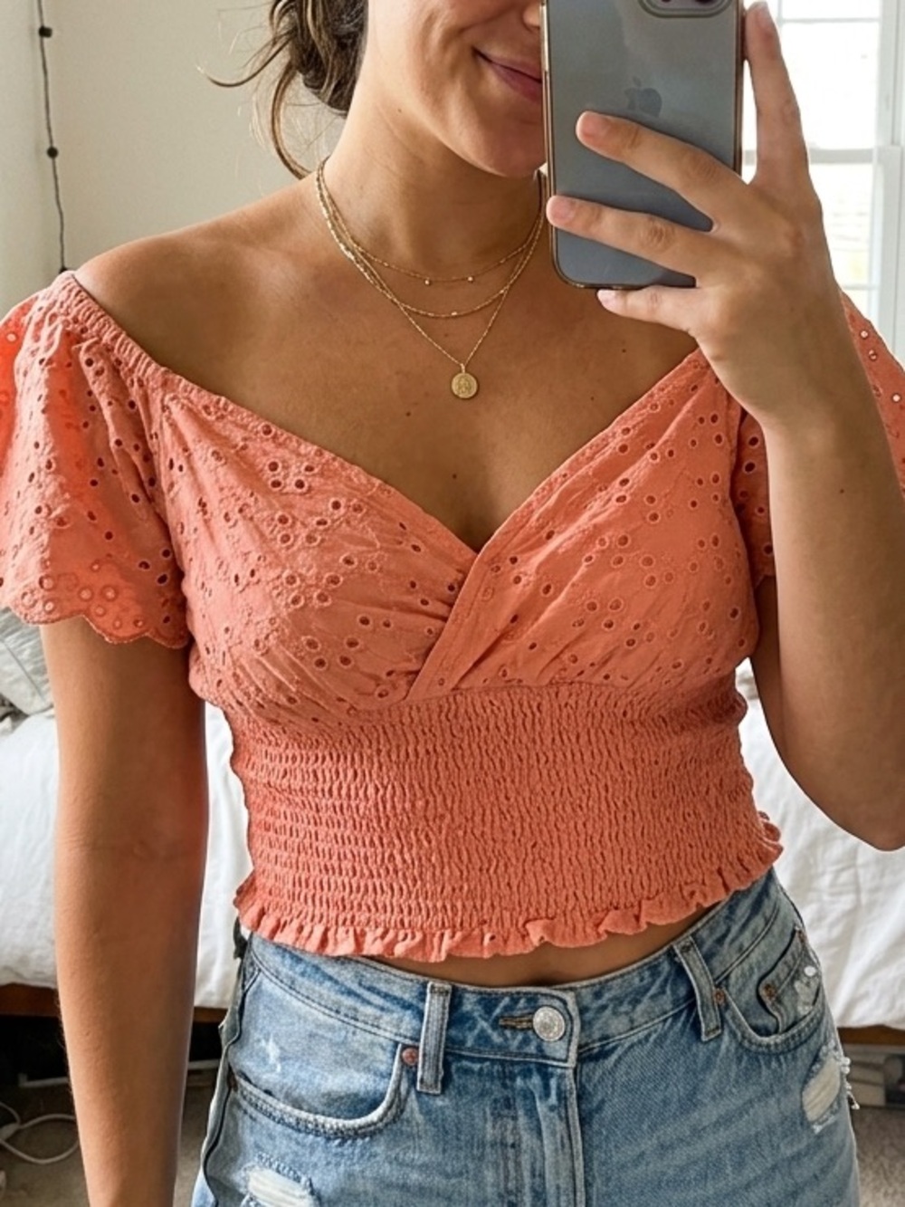 Billabong Coral Eyelet Smocked Crop Top Medium Boho Cottagecore Summer Beach